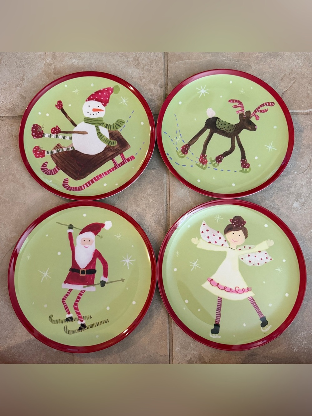 Pottery Barn Kids Christmas Melamine Plates Set 4 Santa Snowman Reindeer Angels